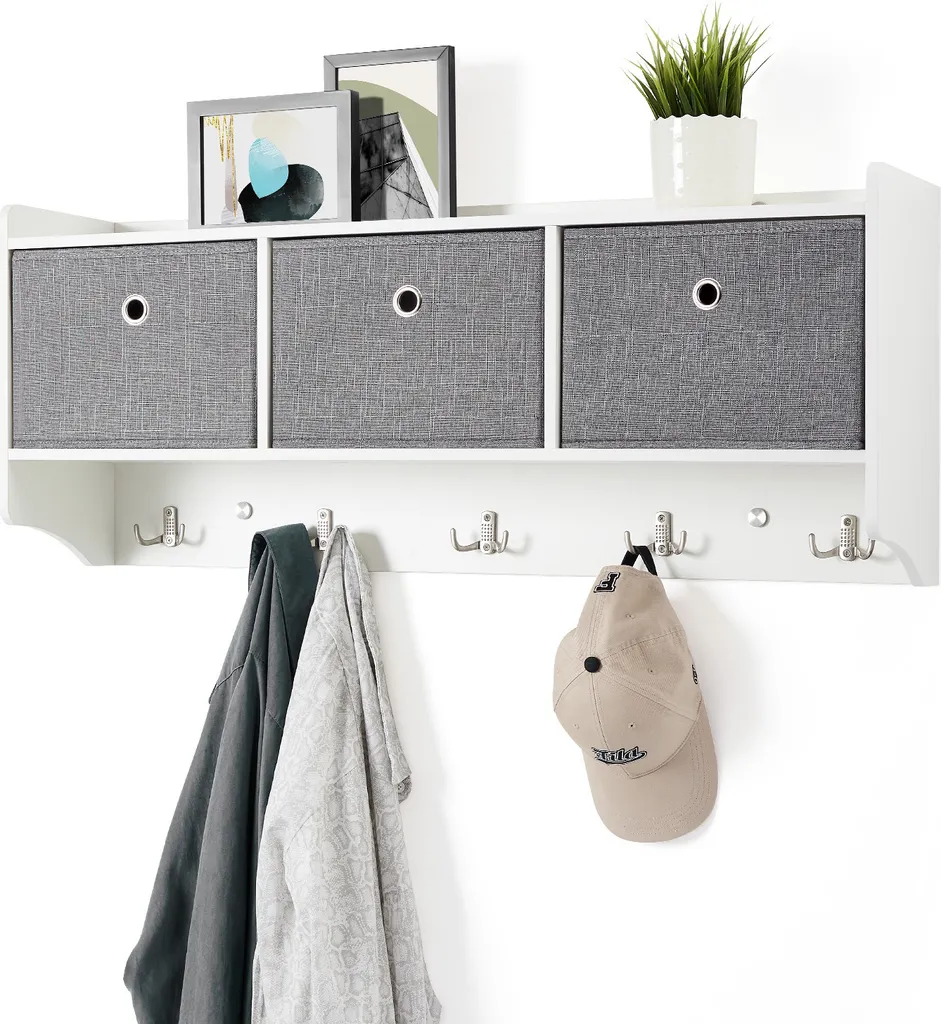 Mondeer Portemanteau Mural Blanc avec 3 Paniers et 5 Crochets 98cm