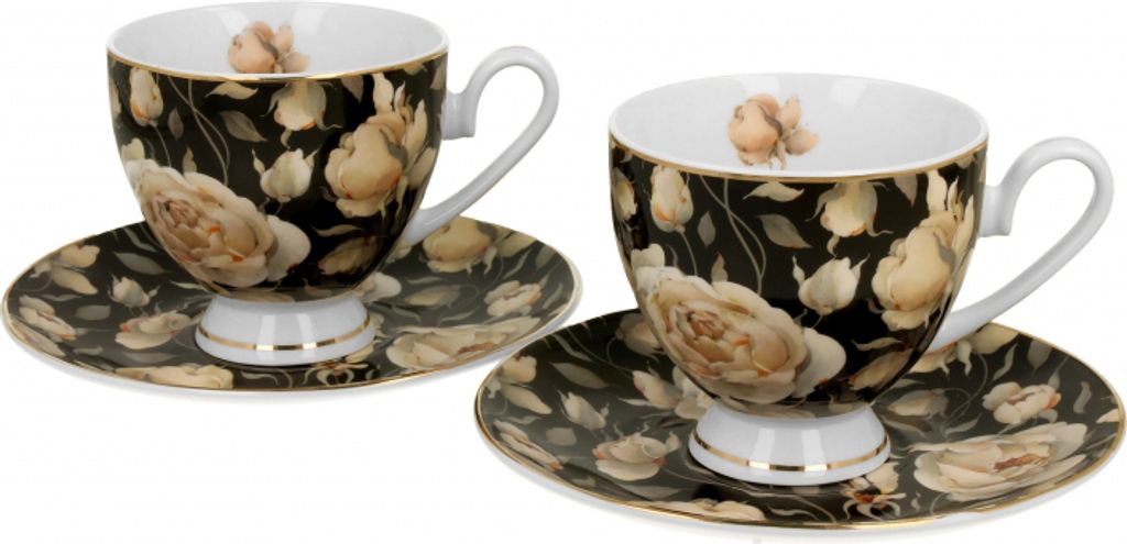 DUO GOLDEN LINE 2er Set Tassen mit Untertassen 220 ml ENGLISH ROSES BLACK, New Bone China Porzellan