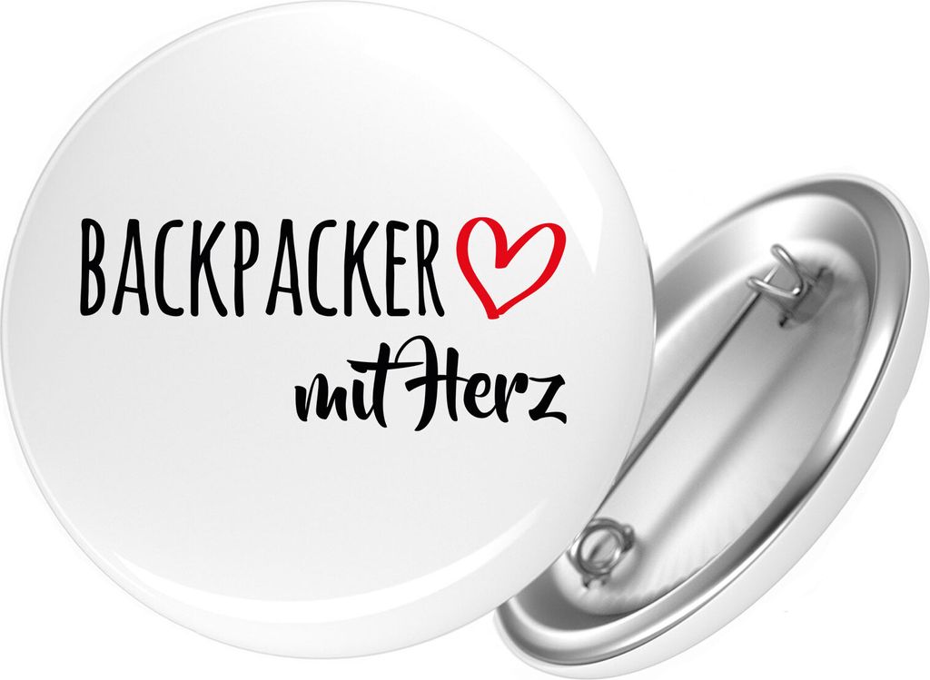 Huuraa Button Backpacker mit Herz 25mm rund mit Sicherheitsnadel Ansteckbutton Geschenkidee