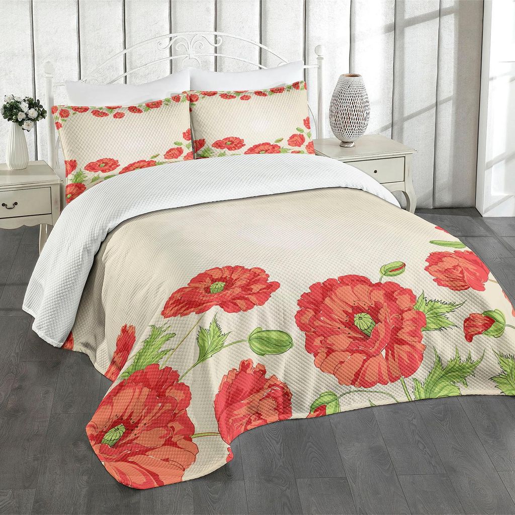 ABAKUHAUS Blumen Tagesdecke Set, Illustration einer Karte mit Poppy Flowers Floral Arrangement Pattern Artwork, 264 x 220 cm, Rot und Beige