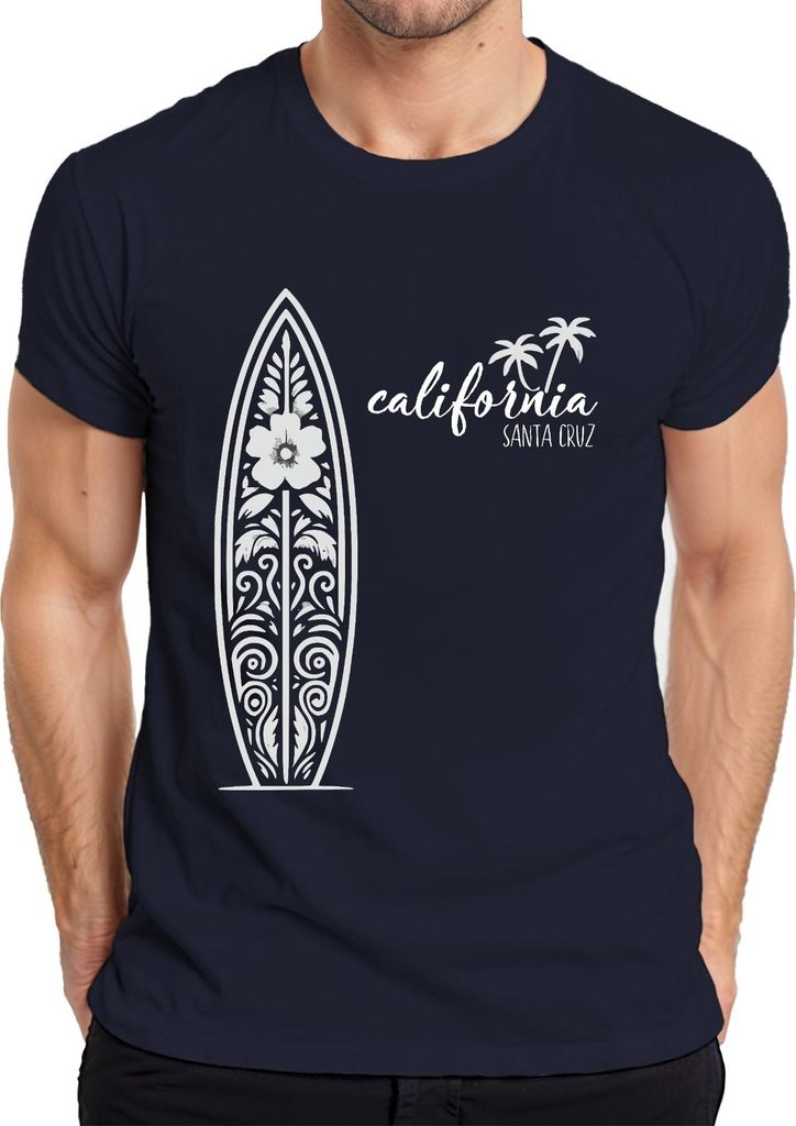 California Santa Cruz Surfbretter Surfen Palmen Strand Vintage Herren T-Shirt, Navy, M