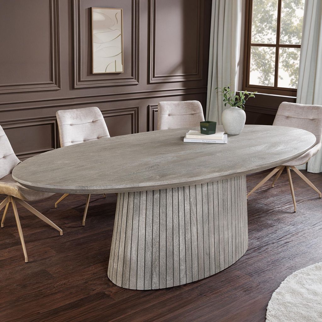 riess-ambiente Ovaler Esstisch ART DECO 220cm smoke grau massives Mangoholz mit Säulenfuß 10 Personen