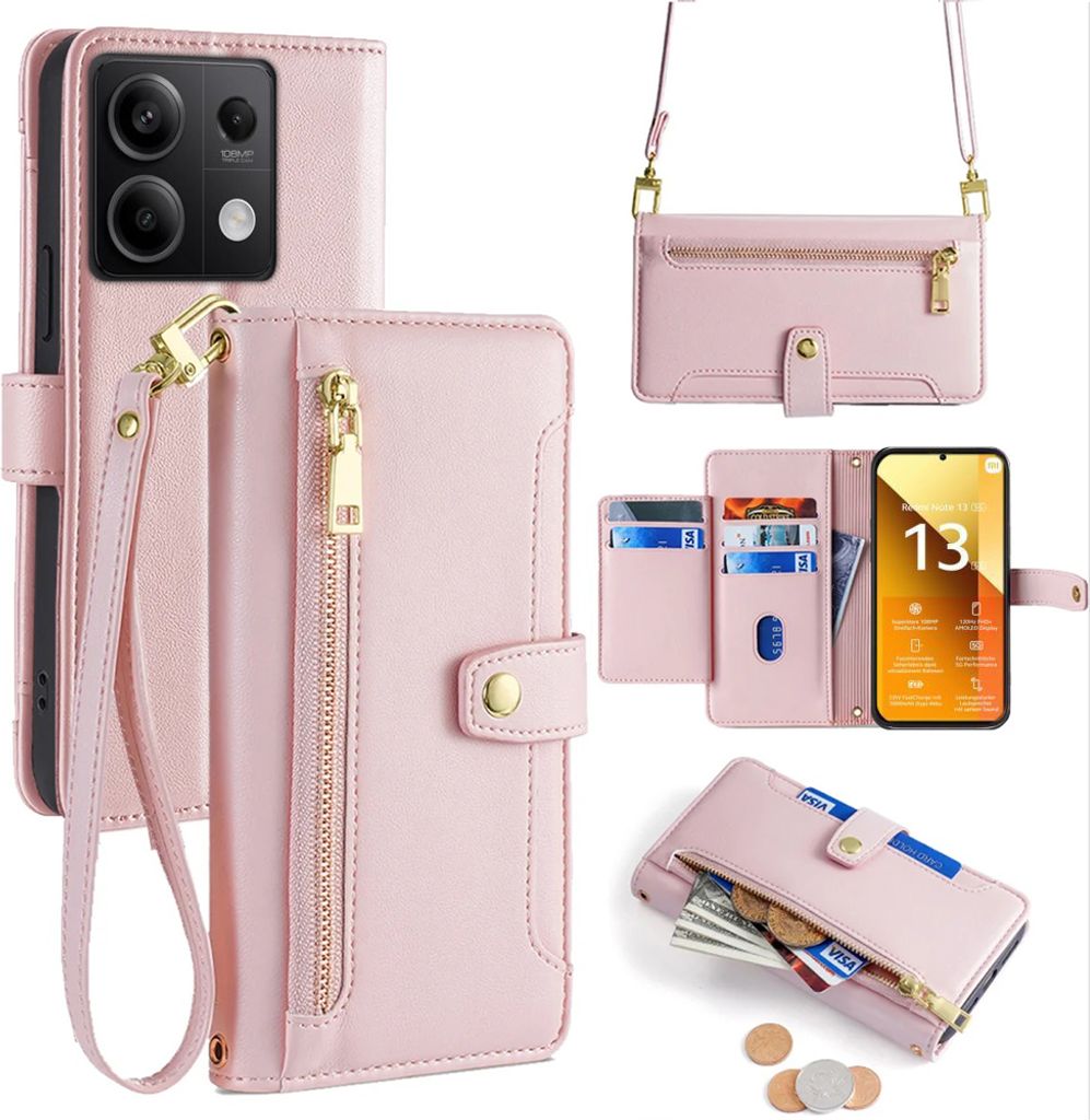 Handykette Xiaomi Hülle mit Band Handyhülle Kartenfächer Kunstleder Umhängetasche Redmi Note 13 5G Rosa