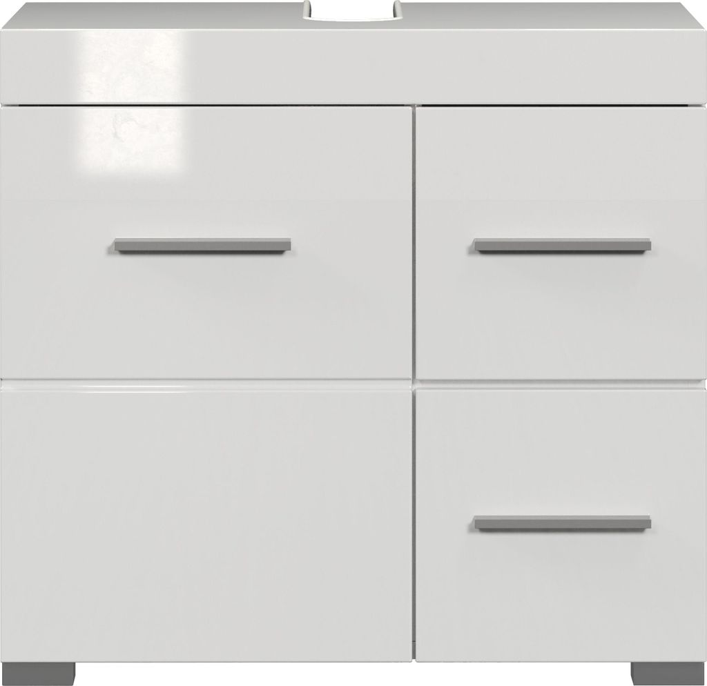 A front view of a white, high-gloss bathroom vanity with two drawers on the right and one door on the left.
