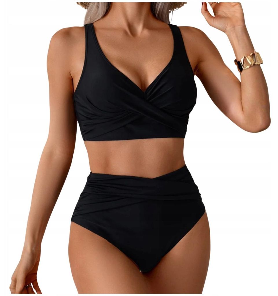 Bikiny s vysokým pasem - Dvoudílné plavky černé - Řasené Obrázek produktu 