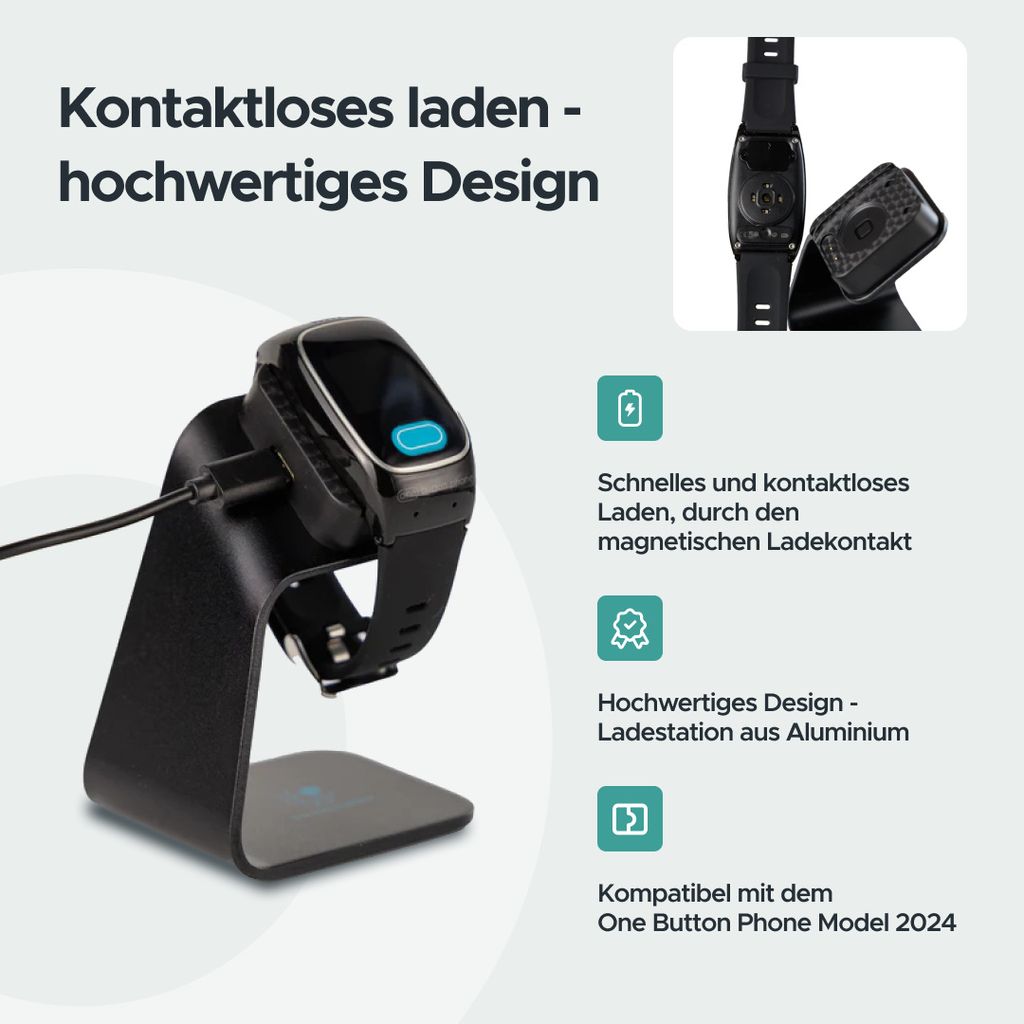 A smartwatch is shown on a charging stand, with accompanying text and icons highlighting its features.