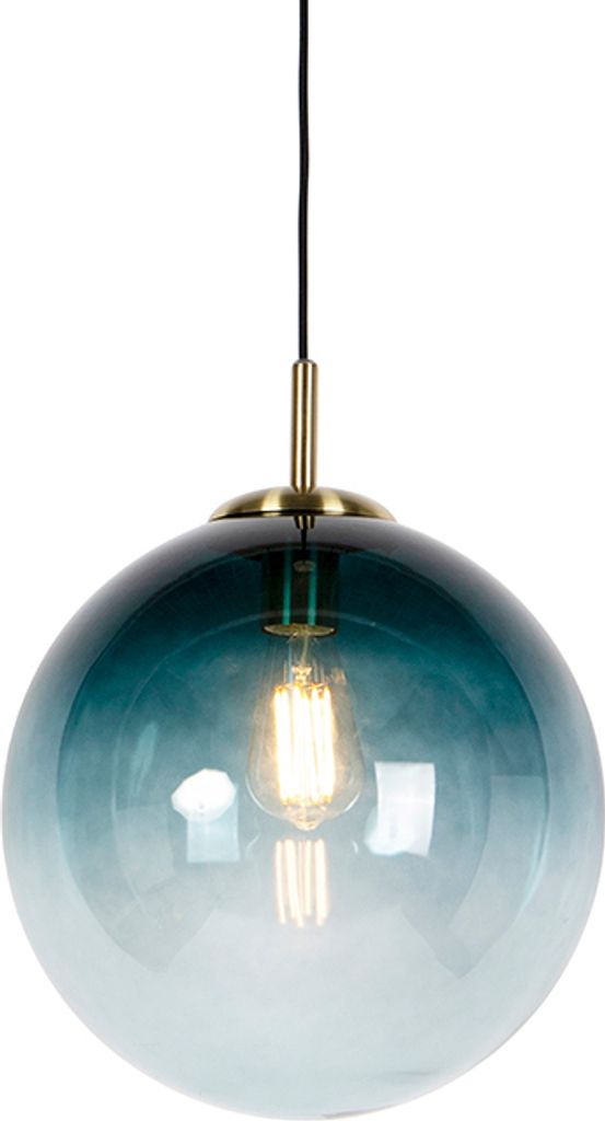 QAZQA - Art Deco Art Deco Hängelampe I Pendellampe I Pendelleuchte Messing mit ozeanblauem Glas 33 cm - Pallon I Wohnzimmer I Schlafzimmer - Kugel...