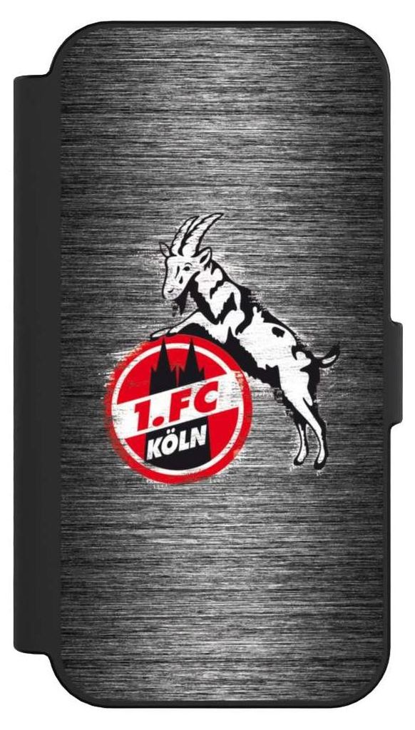 NIVOCASE Klapphülle für Apple iPhone 16 Handyhülle aus Kunst Leder NIVOflip schwarz 1. FC Köln Metallic Look Offizielles Lizenzprodukt