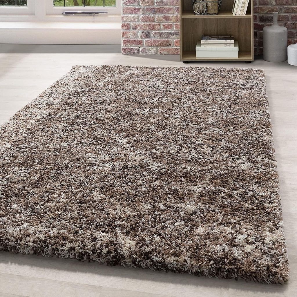 A shaggy rug is shown in a room with a brick wall and a bookshelf in the background.