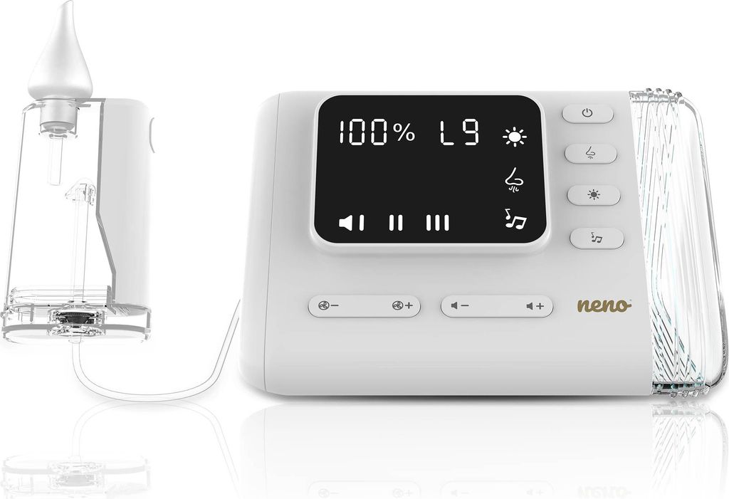 A white electronic nasal aspirator with a clear collection chamber and a digital display is shown on a white background.