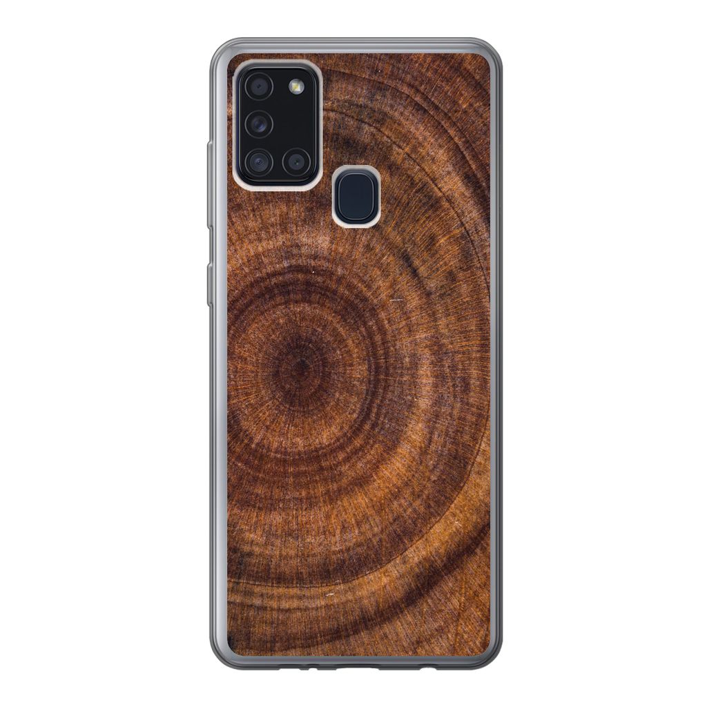 MuchoWow Handyhülle Schutzhülle Hülle für Samsung Galaxy A21s Kreis - Holz - Ringe Silikon Softcase Handy Hülle - Hartschale