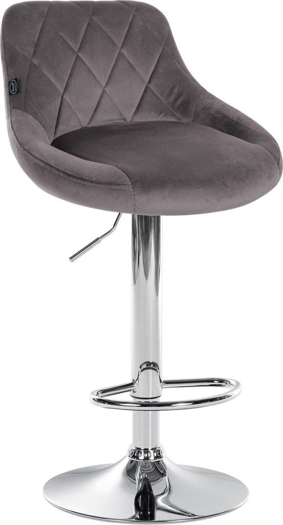 Samt-Barhocker – Eleganter Hocker – 360° drehbarer Sitz mit Gaslift und Fußstütze | Farbe: Grau | Grundfarbe: Chrom