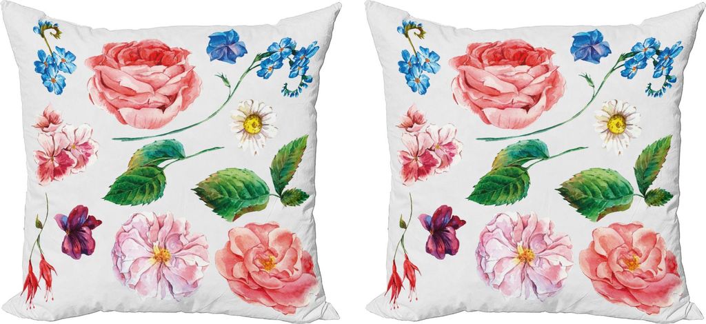 ABAKUHAUS Blumen Kissenbezug Set (2Stück), Bouquet Set mit Rose Daisy Blütenblätter und Zweige Shabby Chic Vintage Bild, 40 x 40 cm, Rosa und Grün