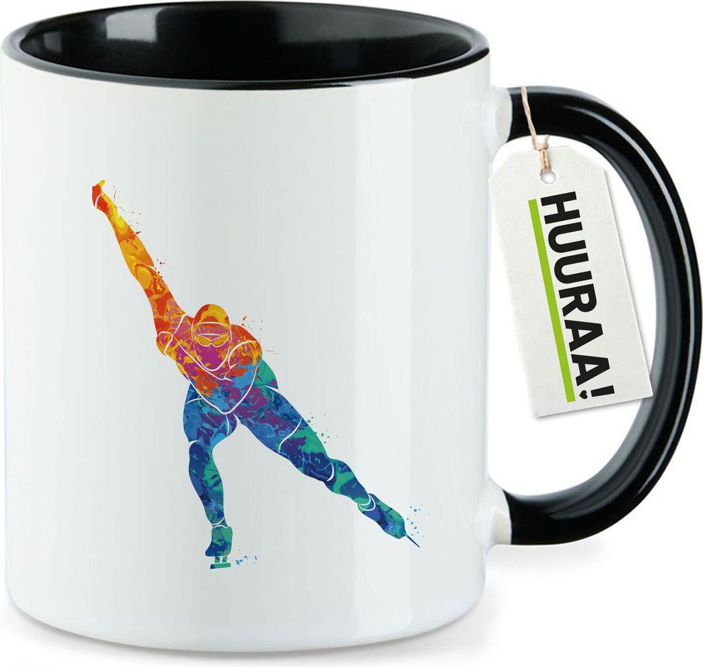 Huuraa Kaffeetasse Eisschnelllauf bunte Silhouette 330ml Schwarz Keramik Kaffeebecher Geschenkidee
