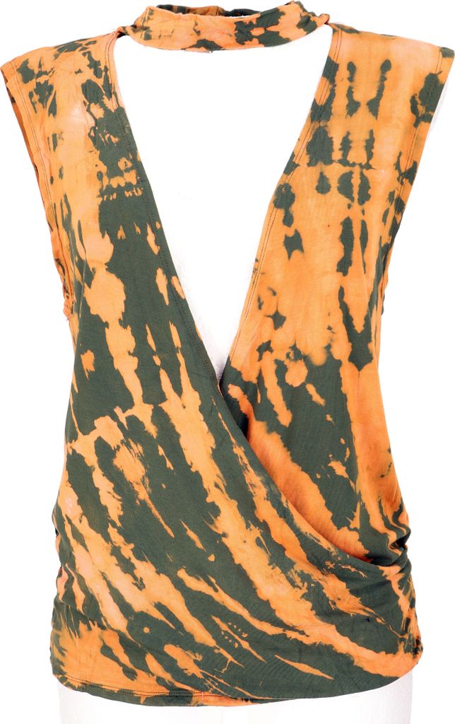 Batik Hippie T-Shirt mit Halsband - Olivgrün, Damen, Viskose,Elasthan, Tops & T-Shirts