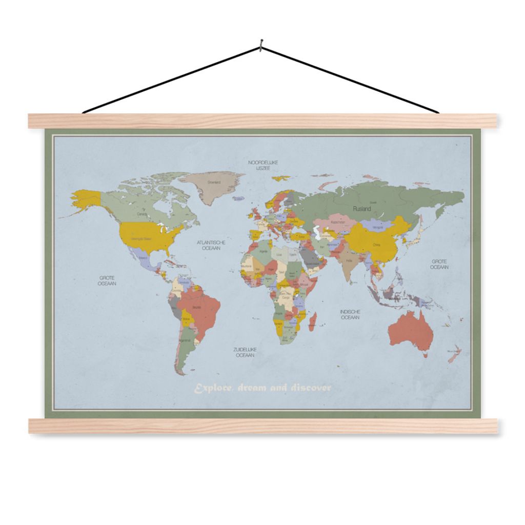 MuchoWow Textilposter Weltkarte - Farben - Zitat - Kinder - Jungen - Mädchen 60x40 cm mit holzfarbenen Rahmen - Bilder