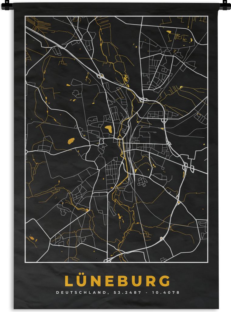 MuchoWow Wandteppich Wandbehang Gold - Deutschland - Karte - Stadtplan - Lüneburg 90x135 cm Tapisserie Dekoration Wandtuch - Baumwolle - Wandsku...
