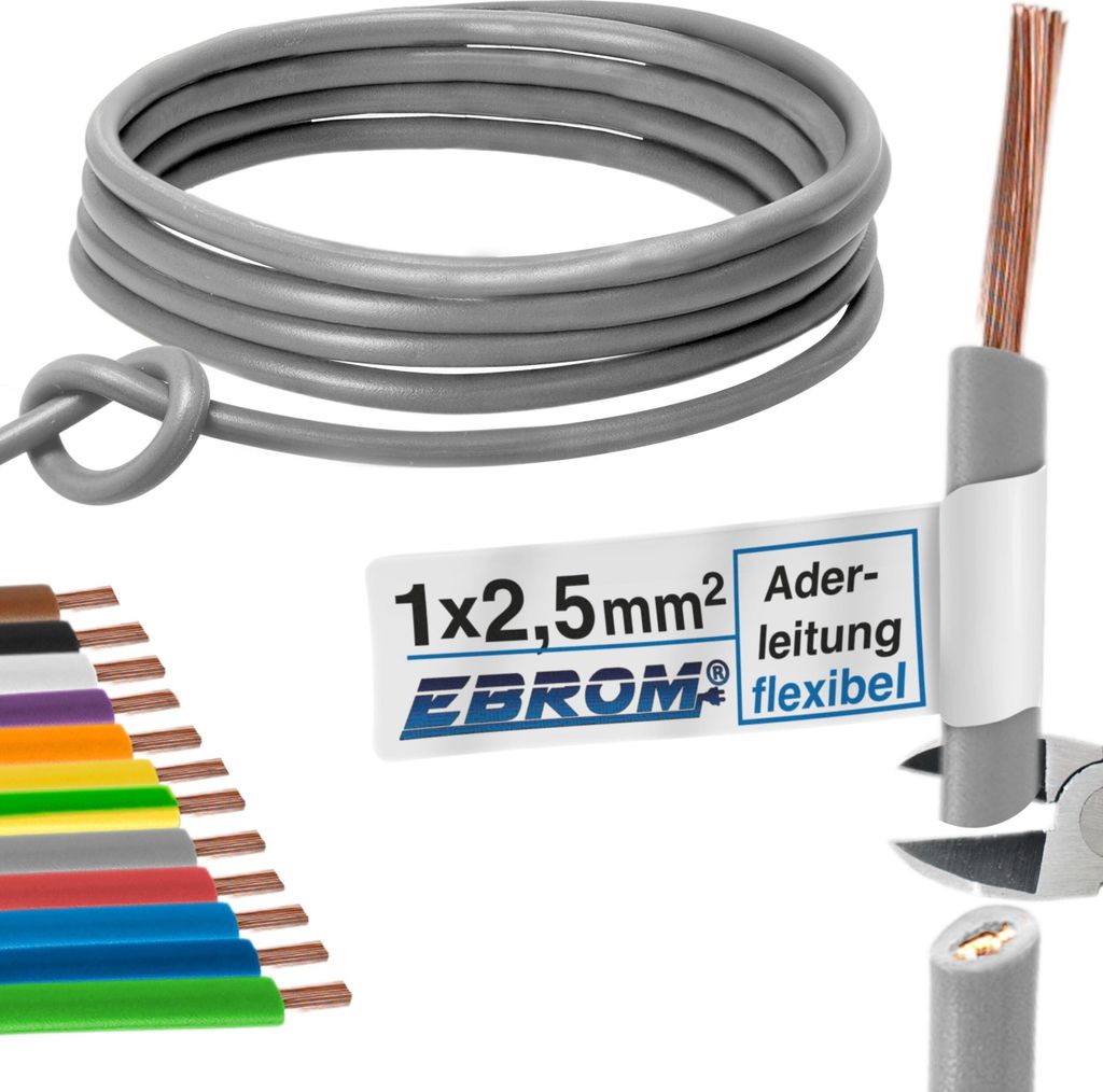 Aderleitung Verdrahtungsleitung - Einzelader flexibel - PVC Leitung - H07V-K 2,5 mm² - Farbe: grau - viele Längen in 5 Meter-Schritten lieferbar,...