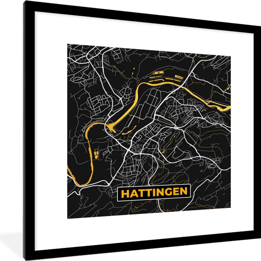 MuchoWow Gerahmtes Poster Schwarz und Gold - Stadtplan - Hattingen - Deutschland - Karte 40x40 cm - Poster mit Schwarzem Bilderrahmen Wandposter ...