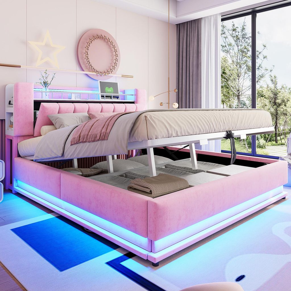 A pink upholstered bed with storage and LED lighting in a bedroom setting.