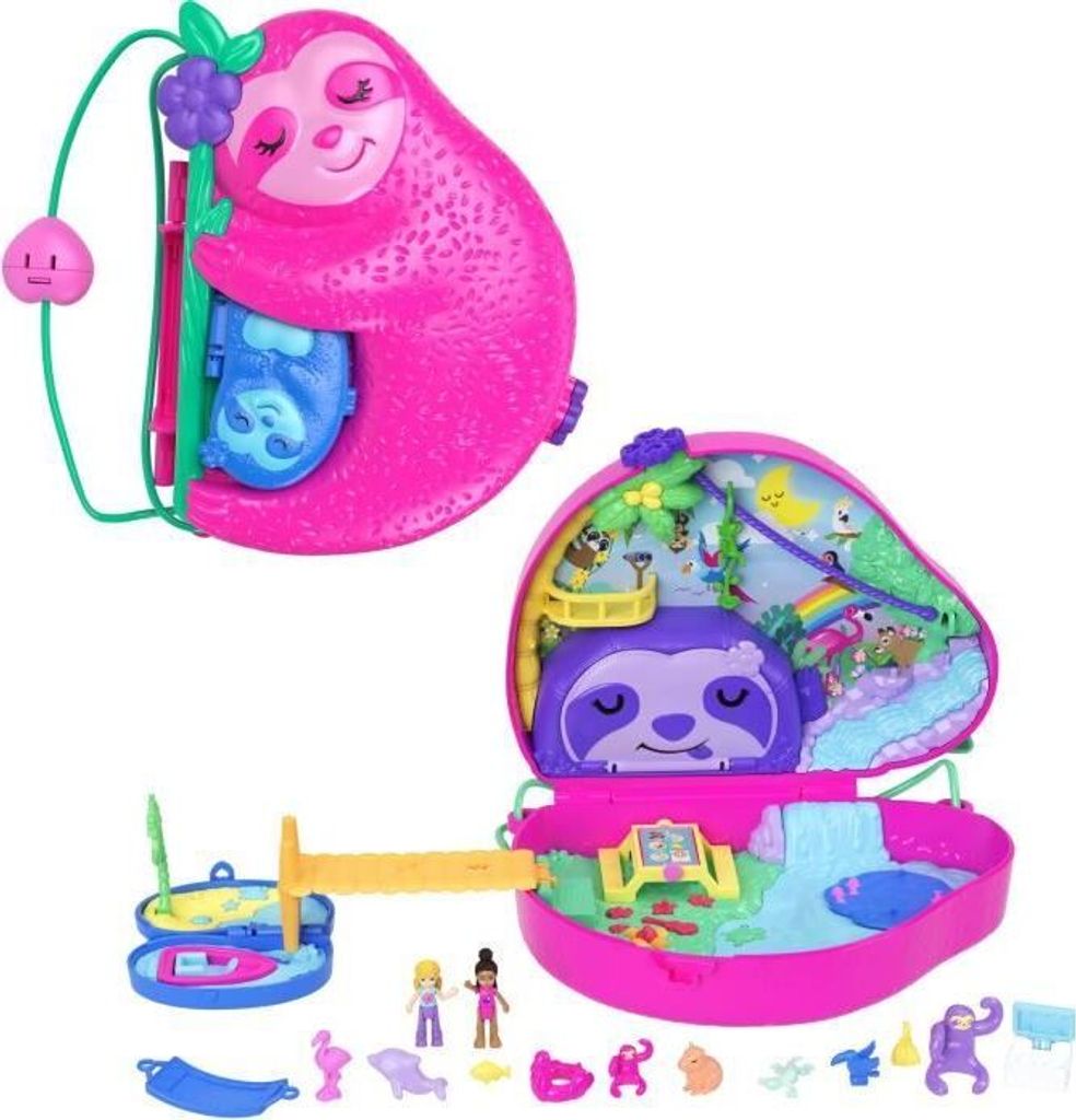 Polly Pocket La Famille des Paresseux 2-in-1 Spielset, Faultier Tasche, 2 Figuren, 12 Zubehörteile