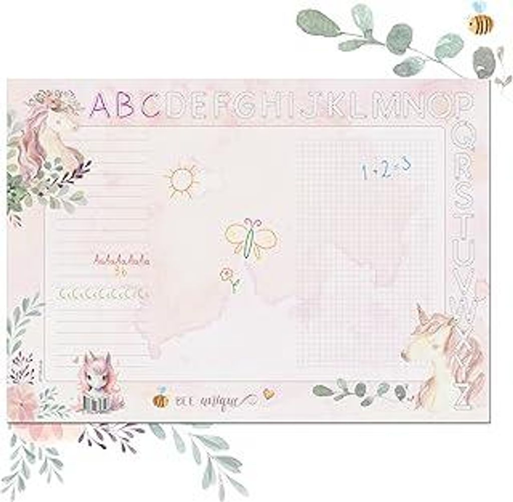TOBJA DIN A3 Schreibtischunterlage für Mädchen - Süßes Einhorn Design, dickes 90g/m² Papier, mit ABC Leiste zum Ausmalen - Perfekt zur Einschu...