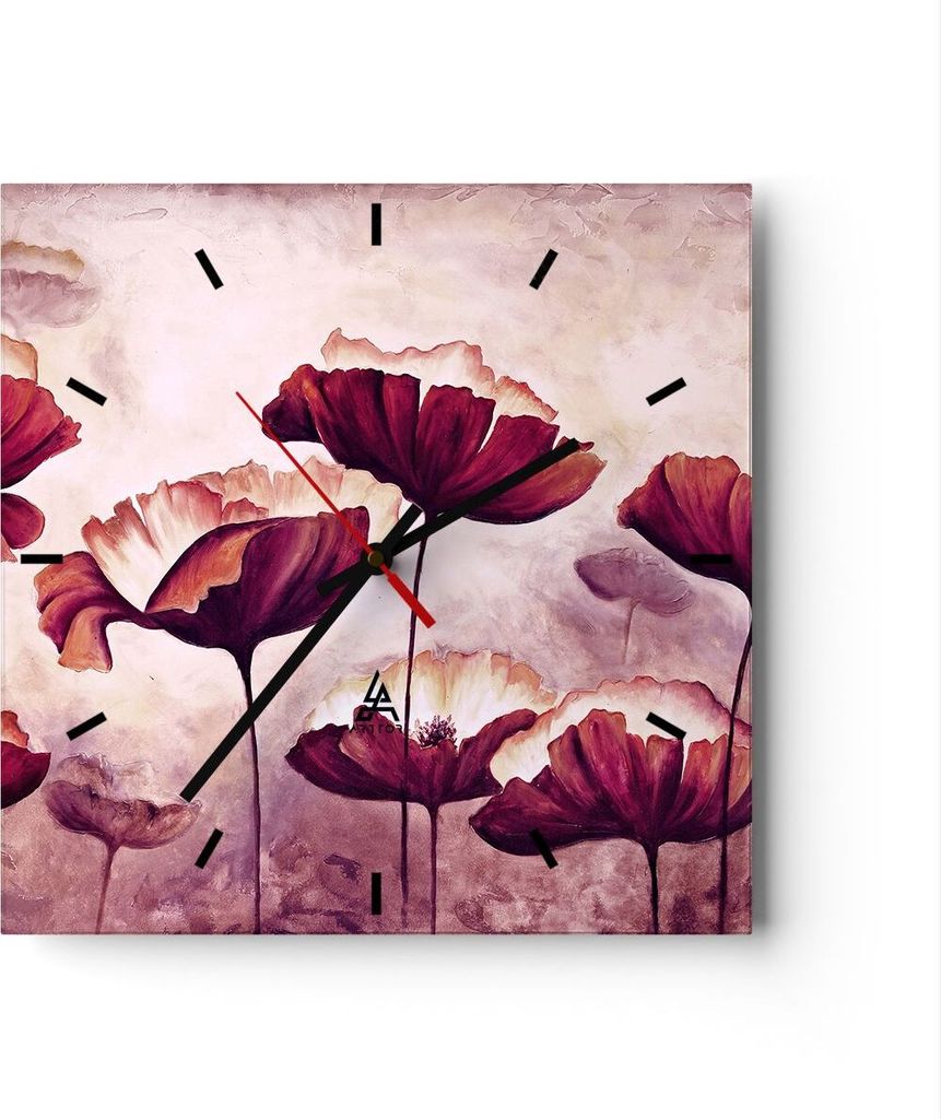 Wanduhr - Quadrat - Glasuhr - Mohn Blume Wiese - 30x30cm - Schleichendes Uhrwerk - Lautlos - zum Aufhängen bereit - Dekoration Modern - Wanddekora...
