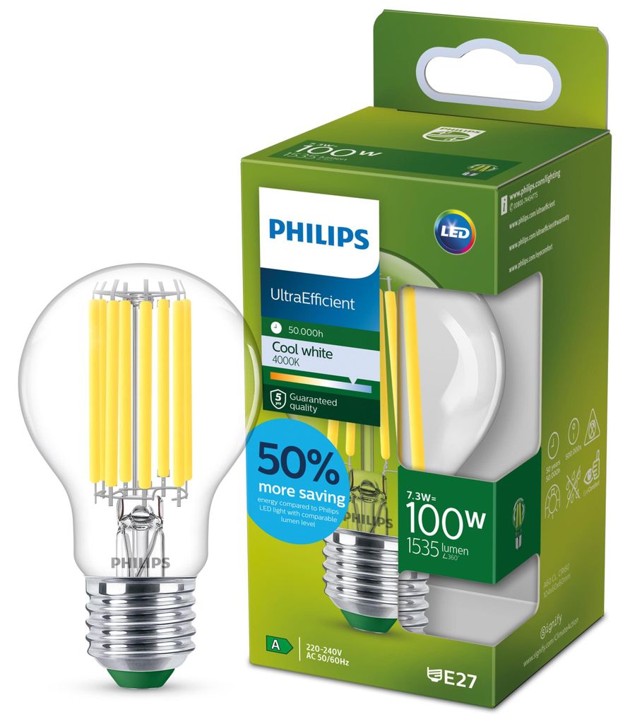 Philips Filament-Lampe, transparent, 100W A60 E27, 7,3 W, Produktbild 