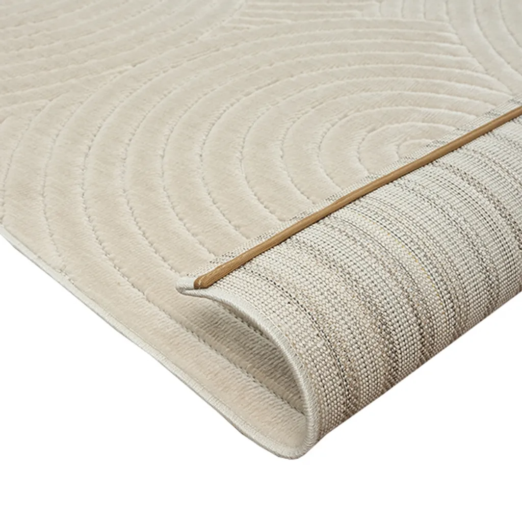 Tapis design beige à lignes géométriques, velours bas et forme ronde - 6