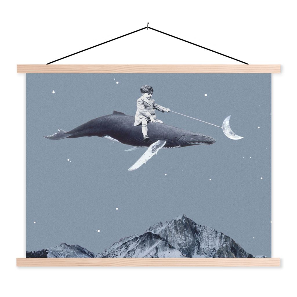 MuchoWow Textilposter Weltraum - Junge - Mond - Wal 120x90 cm mit holzfarbenen Rahmen - Magnetisch