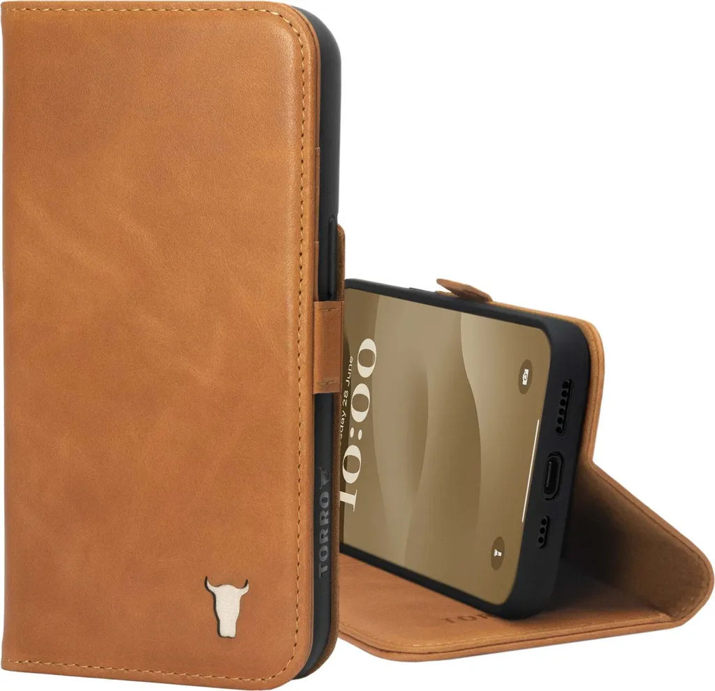 Custodia iPhone 15 TORRO in Pelle Marrone Chiaro - Stand e Portafoglio