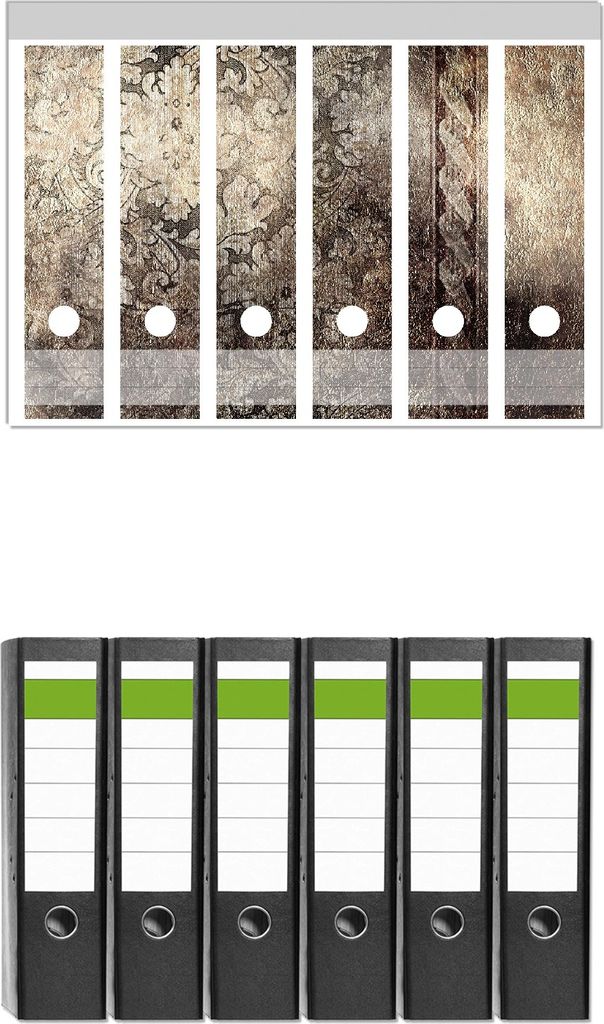 Wallario 6 Stück breite Ordner inkl. Klebeetiketten mit Motive Schnörkelmuster in dunkelbraun - Set mit Rückenschildern / Ordnerrücken Stickern