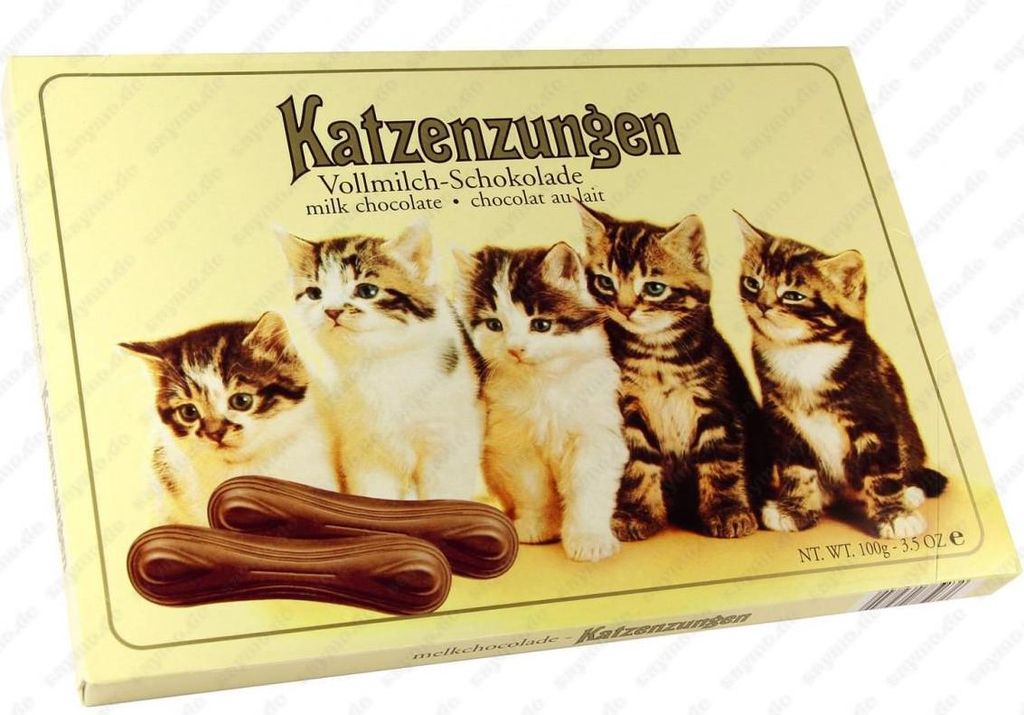 A box of Sarotti Katzenzungen milk chocolate with kittens on the front.