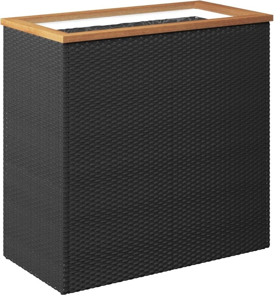 A black rattan planter box with a wooden top edge against a white background.