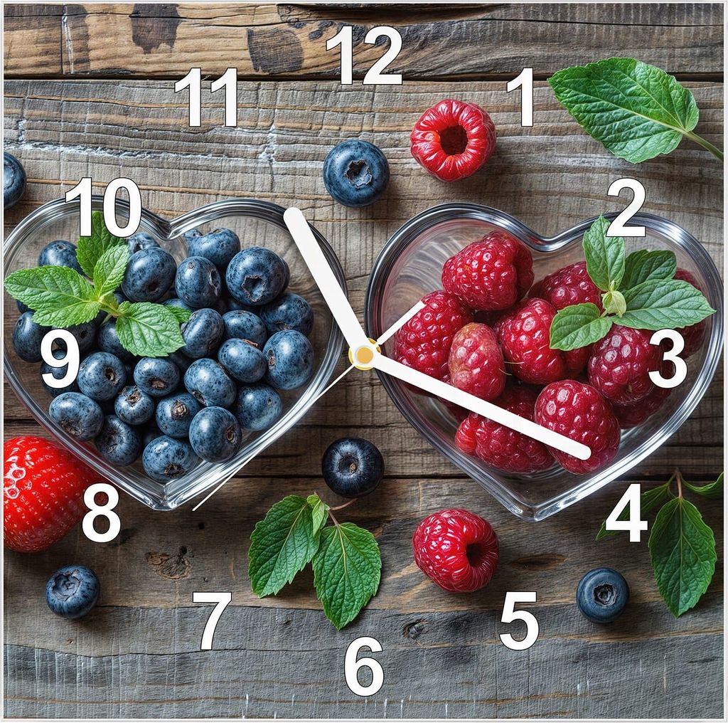 Wanduhr aus Glas mit Motiv Herzschalen Beeren- 30 x 30 cm - inkl. Aufhängesystem