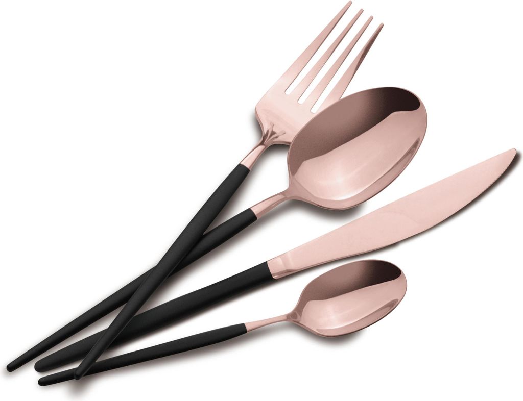 A set of cutlery with rose gold plating and black handles, arranged diagonally on a white background.
