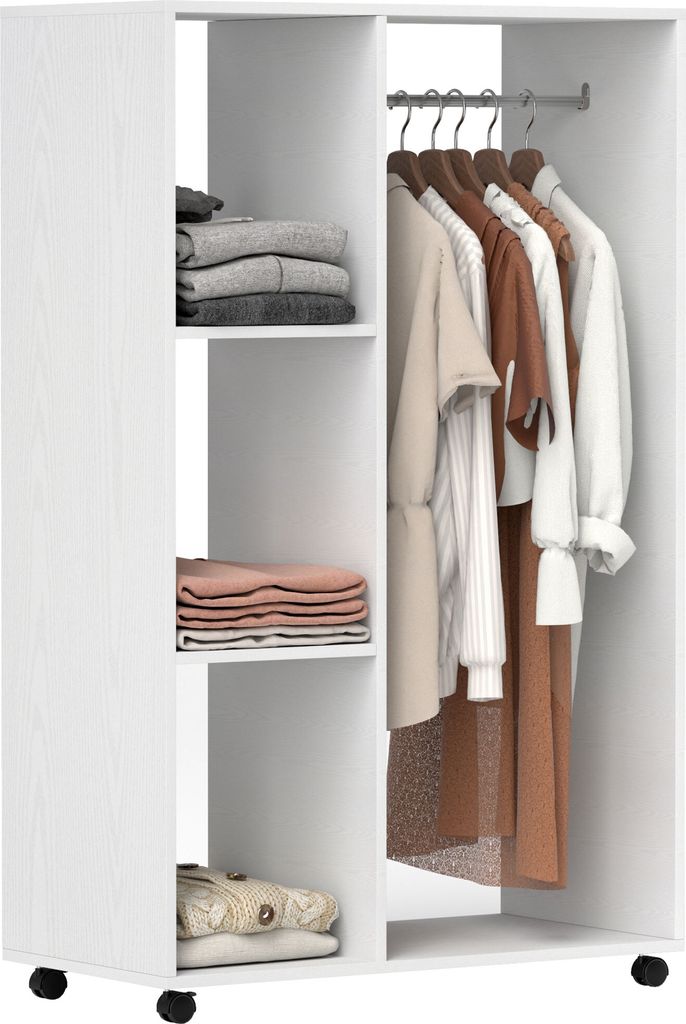 HOMCOM Kleiderschrank auf Rollen, mobile Garderobe, 1 Kleiderstange, 3 Regale, Garderobenschrank, Rollbarer Kleiderständer für Flur, Schlafzimmer...
