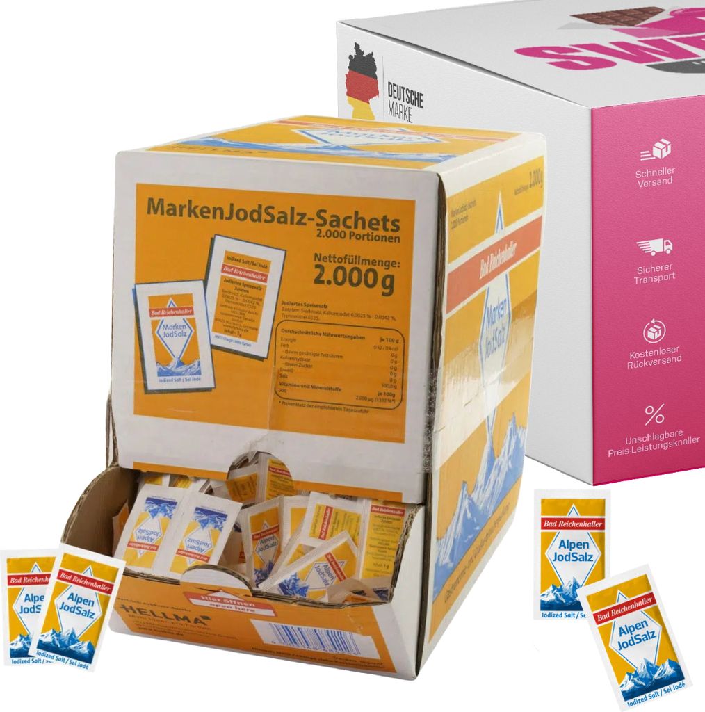 A display box filled with small sachets of salt, with individual sachets shown in the foreground and a larger box in the background.
