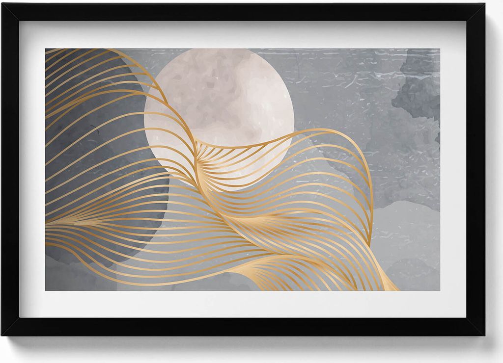Abstrakte Illustration des Mondes mit Gold– Wandbild mit Rahmen – Gerahmtes Bild – Wanddekoration – 60x40 cm – Schwarz Rahmen