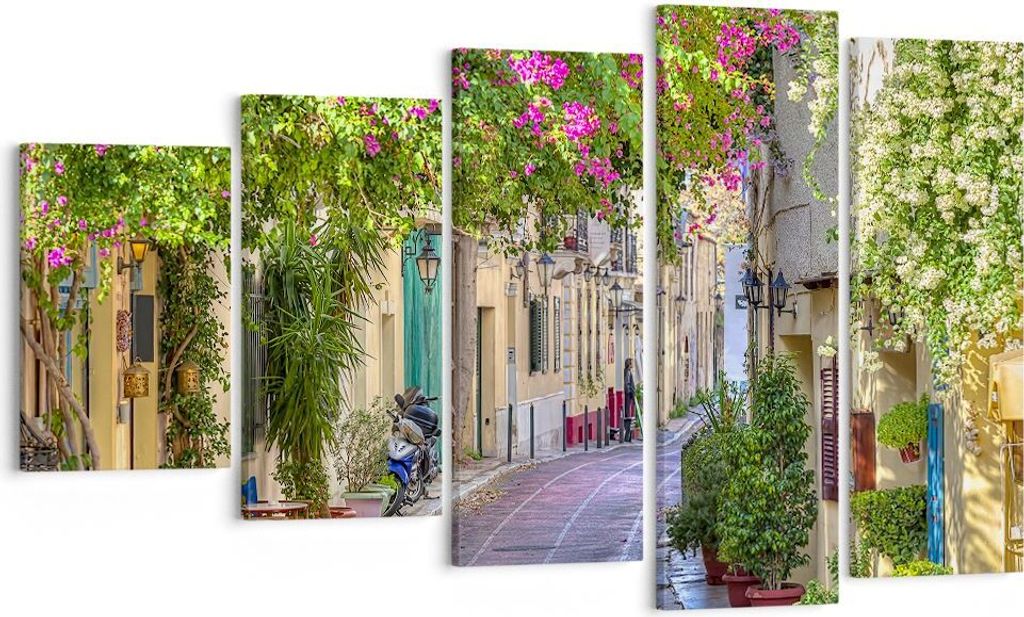 Bild auf Leinwand - Leinwandbild - Straße dekoration blumen griechenland - 100x60cm - Wand Bild - Wanddeko - Leinwanddruck - Bilder - Kunstdruck -...