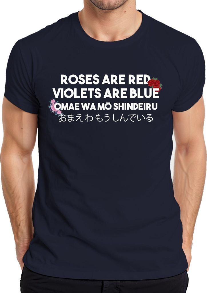 OMAE WA MŌ SHINDEIRU ROSES ARE RED Anime Otaku Japanisch Meme Herren T-Shirt, Navy, 3XL