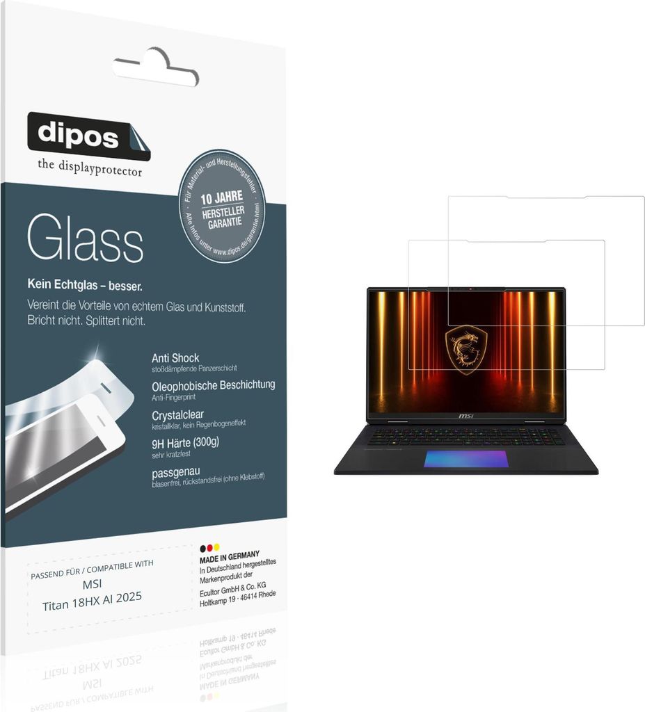 2x Schutzfolie für MSI Titan 18HX AI 2025 - Anti-Shock 9H Folie dipos Glass Kunststoffglas