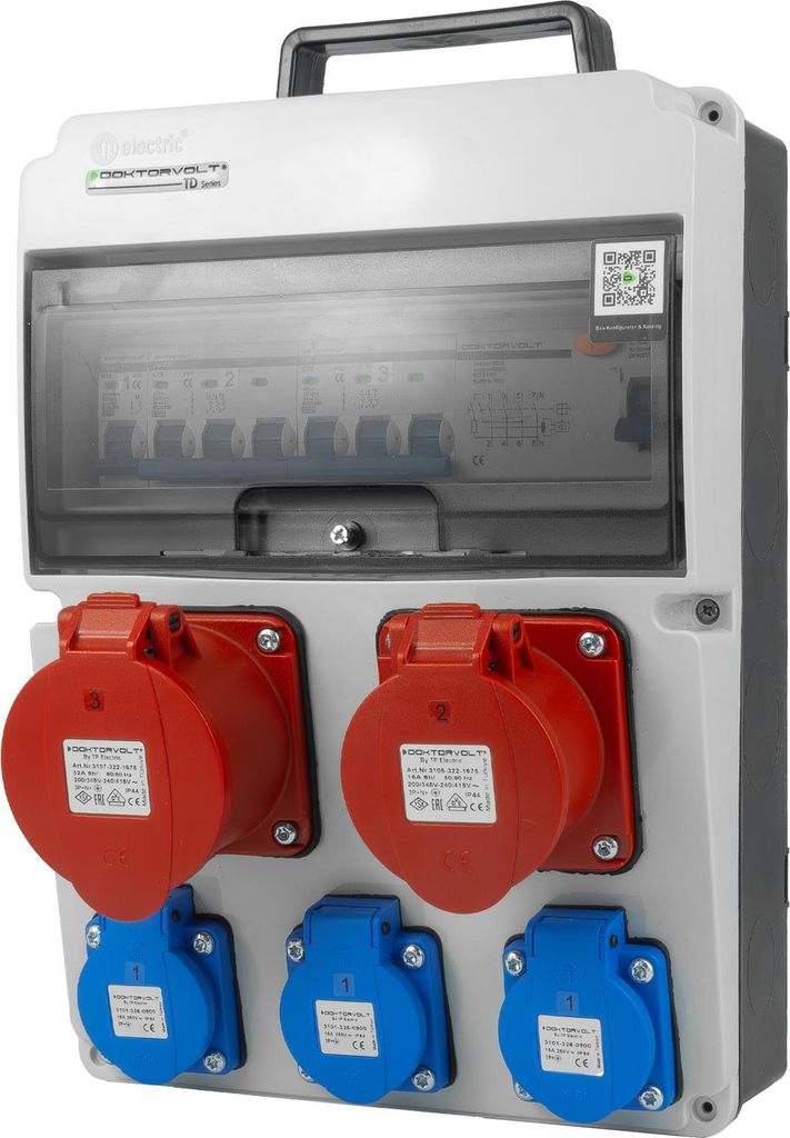 Baustromverteiler 16A 32A CEE 3x230V Stromverteiler mit Griff FI+LS-Schalter Wandverteiler Doktorvolt DV-8126-F