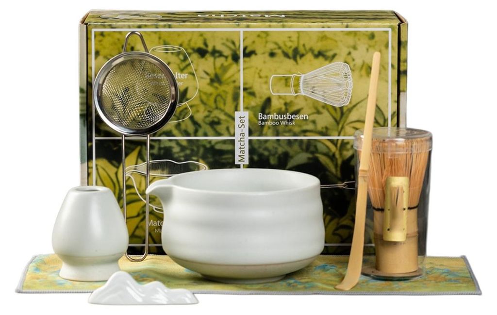 INF Matcha-Set Kaolin 7-teilig mit Bambusbesen, Sieb, Schale für Tee Weiß