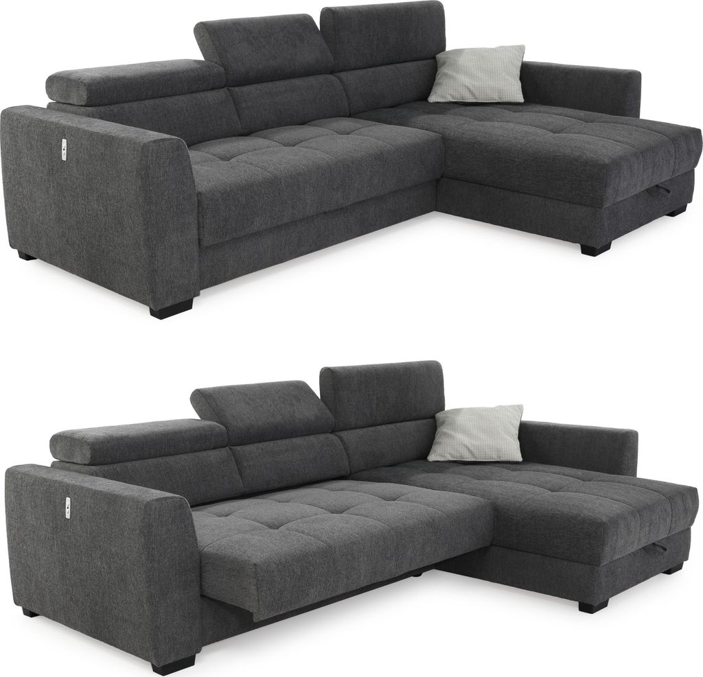 Ecksofa elektrisch ausfahrbar verstellbar Couch Kopflehne Bettkasten Dunkelgrau / 15409