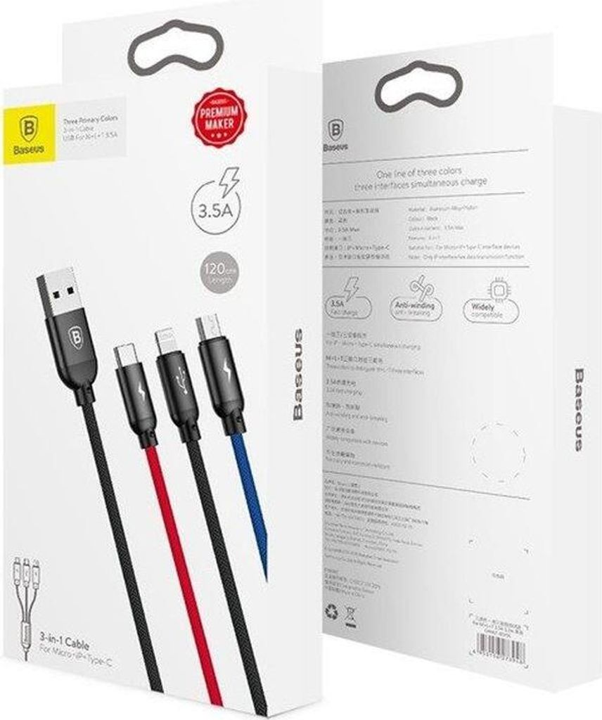 Câble USB 3en1 - USB-C, Lightning, micro USB 120cm Baseus Image du produit 