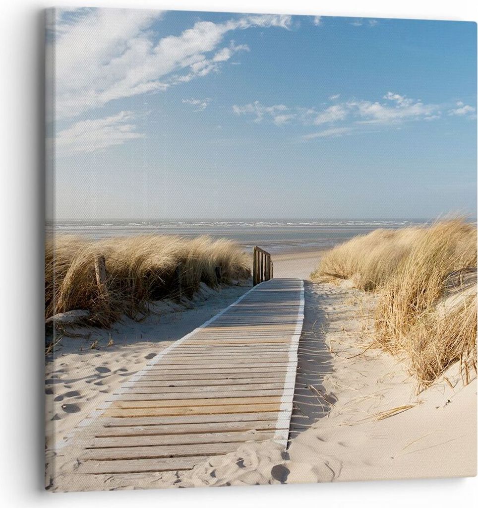 Bild auf Leinwand - Leinwandbild - Strand Meer Fußgängerbrücke Ufer - 30x30cm - Wand Bild - Wanddeko - Leinwanddruck - Bilder - Kunstdruck - Wan...