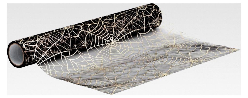 Halloween Tischläufer Spinnennetz in Schwarz (28 cm x 5 m), transparentes Organza Tischband mit Metallic Druck, Tischdeko für Halloween und Gebur...