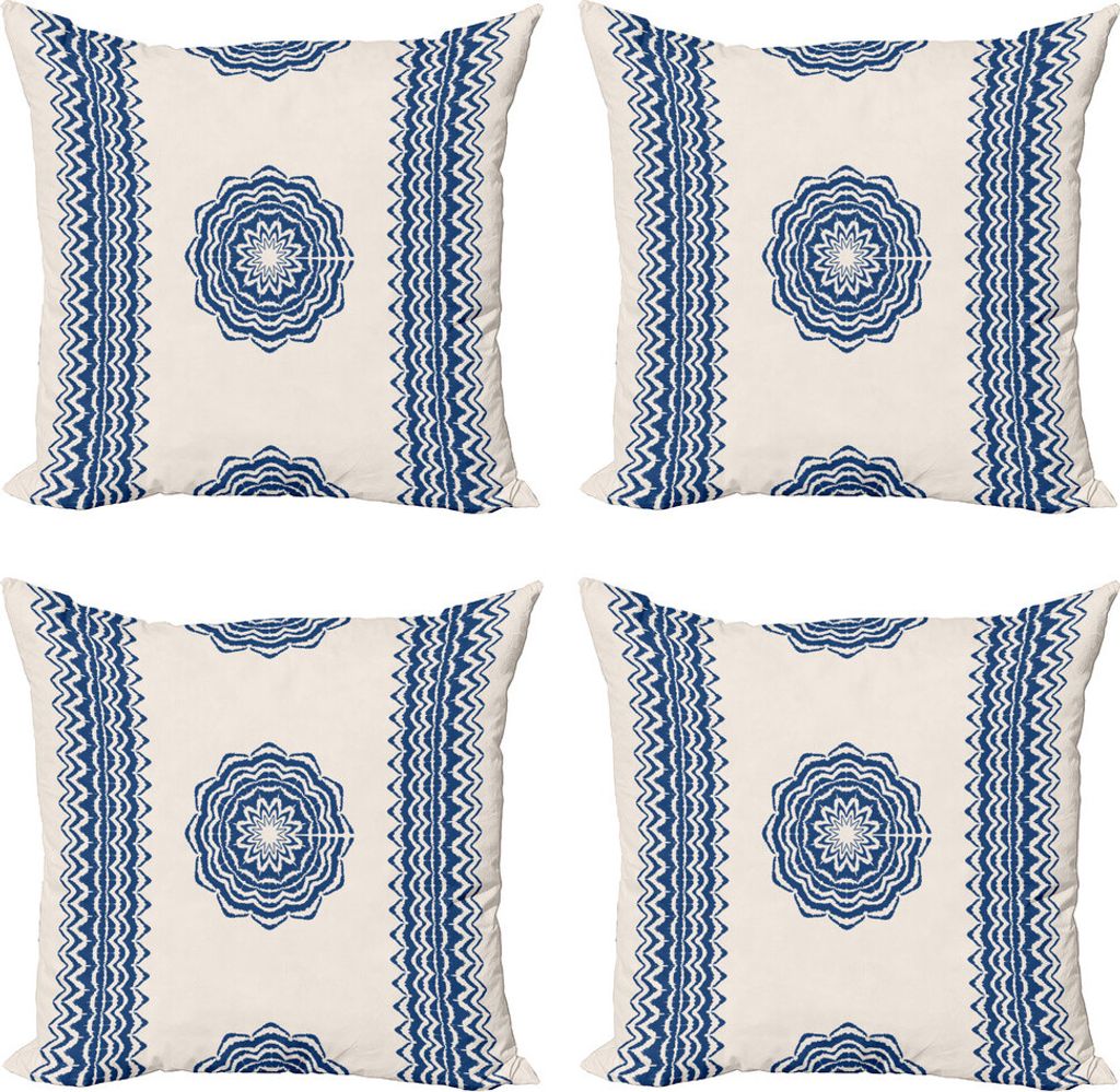 ABAKUHAUS Mandala Kissenbezug Set (4 Stück), Oriental Zigzag Ethnic, Moderner Doppelseitiger Digitaldruck, 45 cm x 45 cm, Dunkelblau und Creme