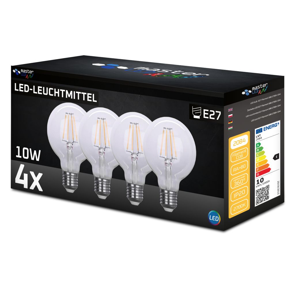 A box of four LED light bulbs.